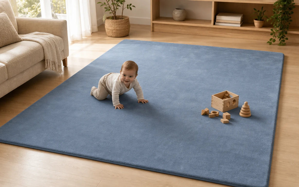 The mat covering the floor from the sofa to the shelving