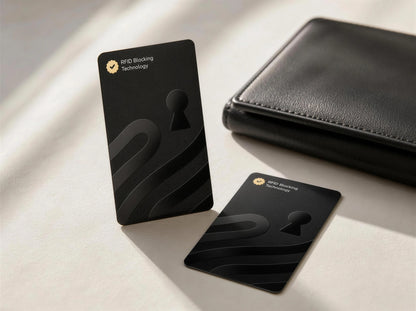 Guardality RFID and NFC blocking cards beside an everyday wallet
